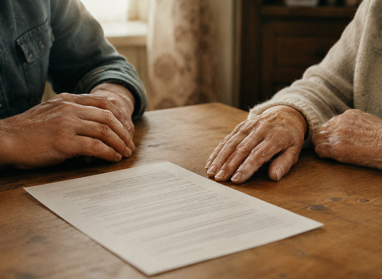 A young adult hand and an elderly hand resting beside a document