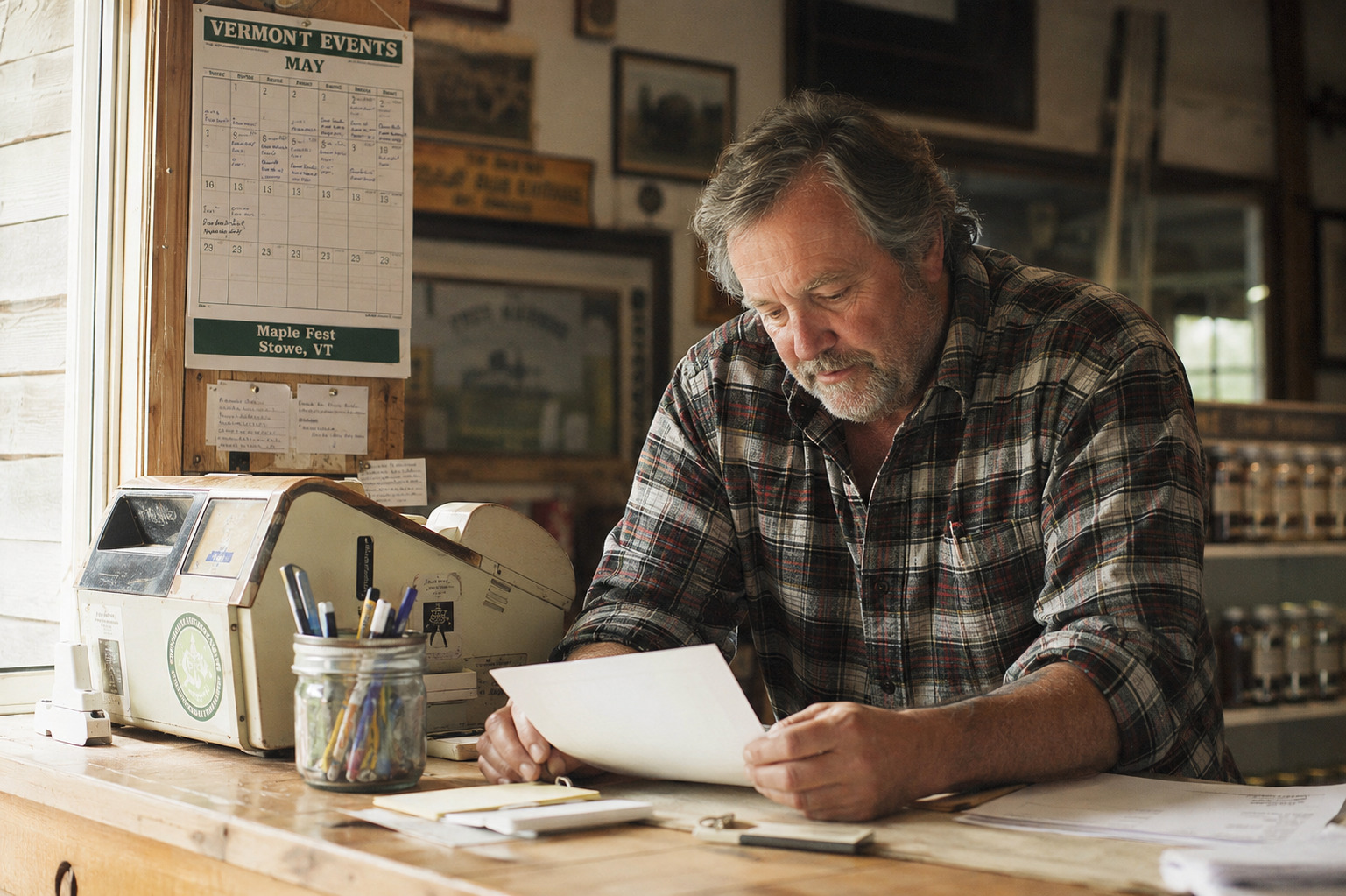 A country small-business owner reading paperwork at a wooden counter