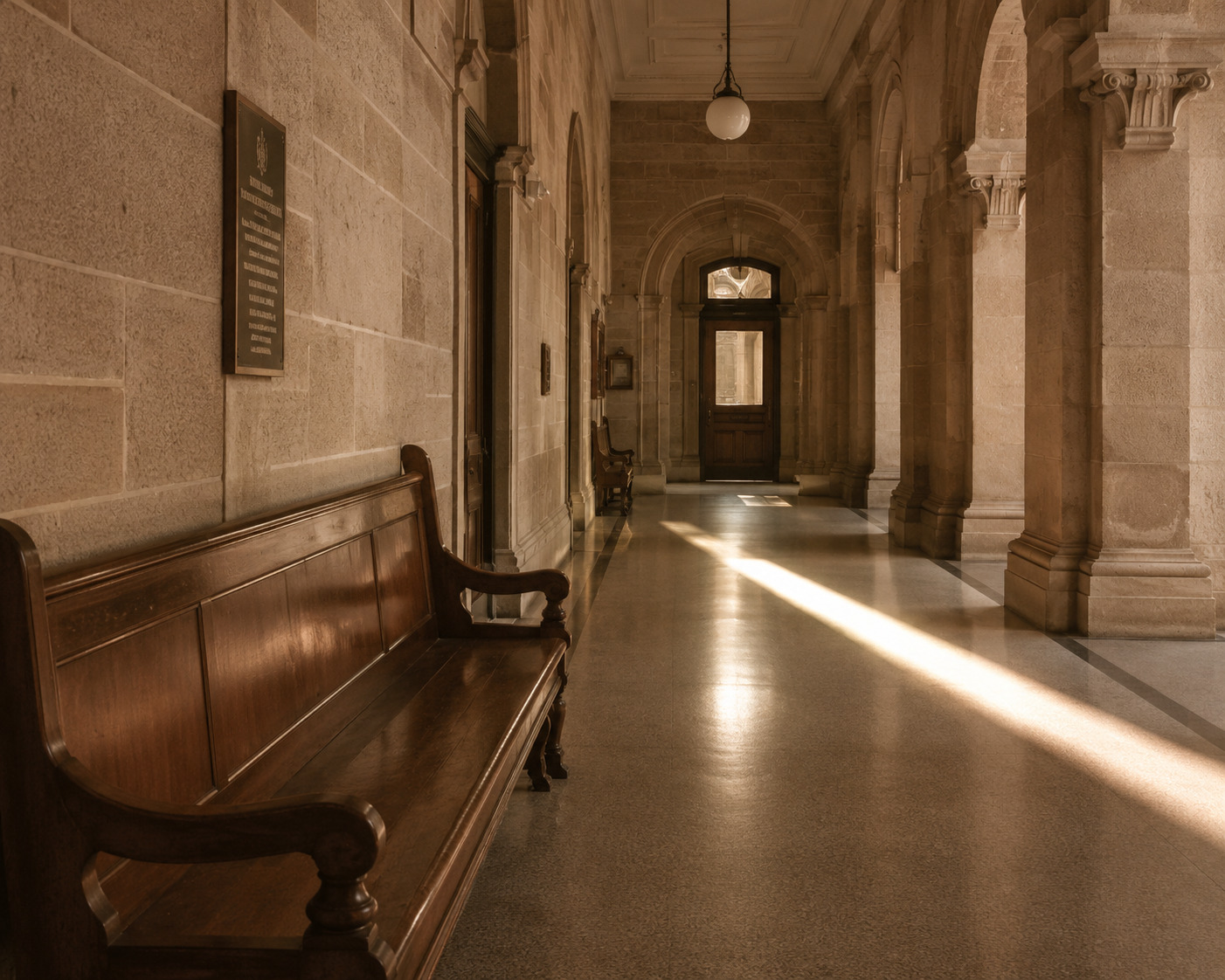 A quiet country courthouse corridor in early morning light
