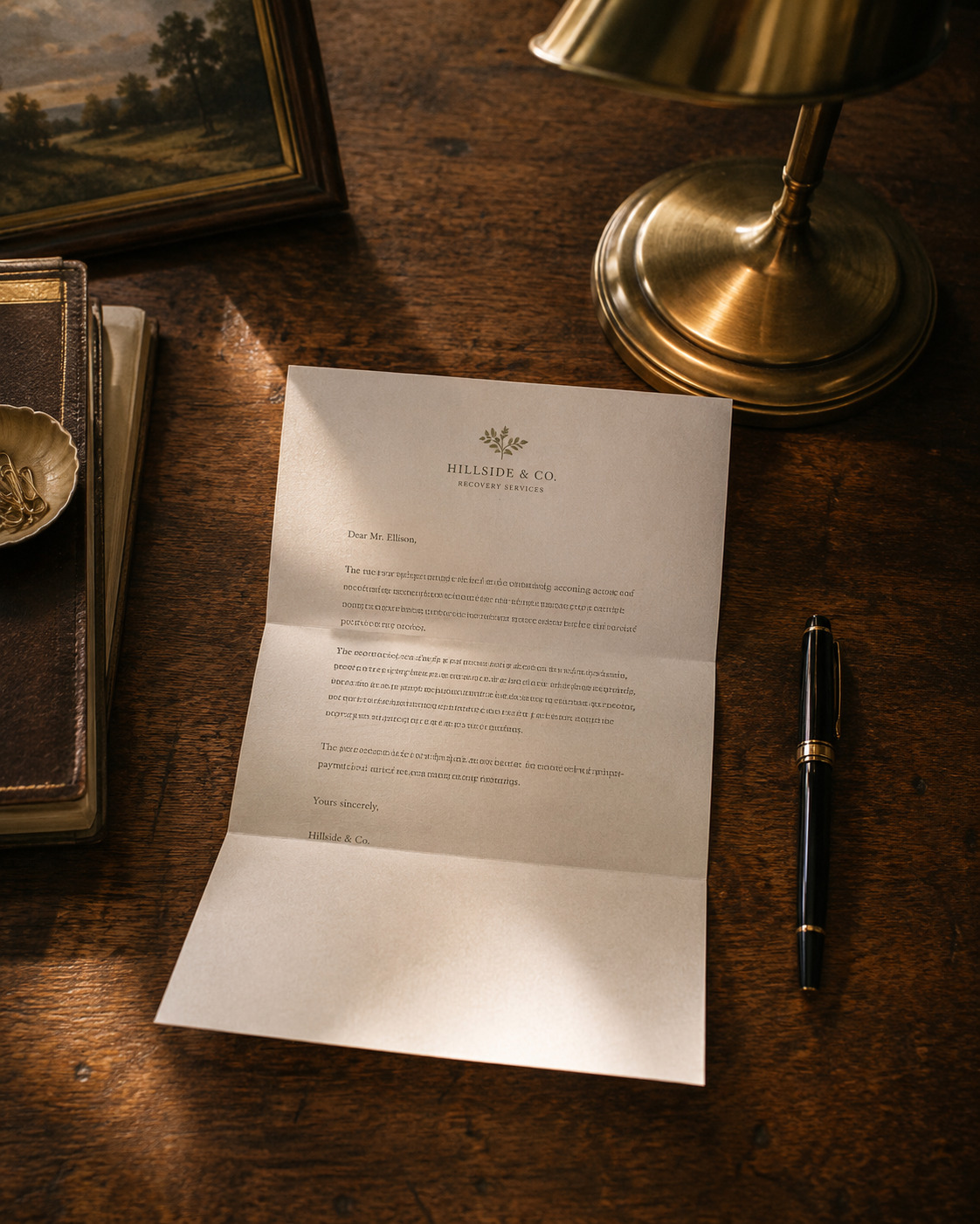 Overhead view of a folded letter on letterhead paper with a pen
