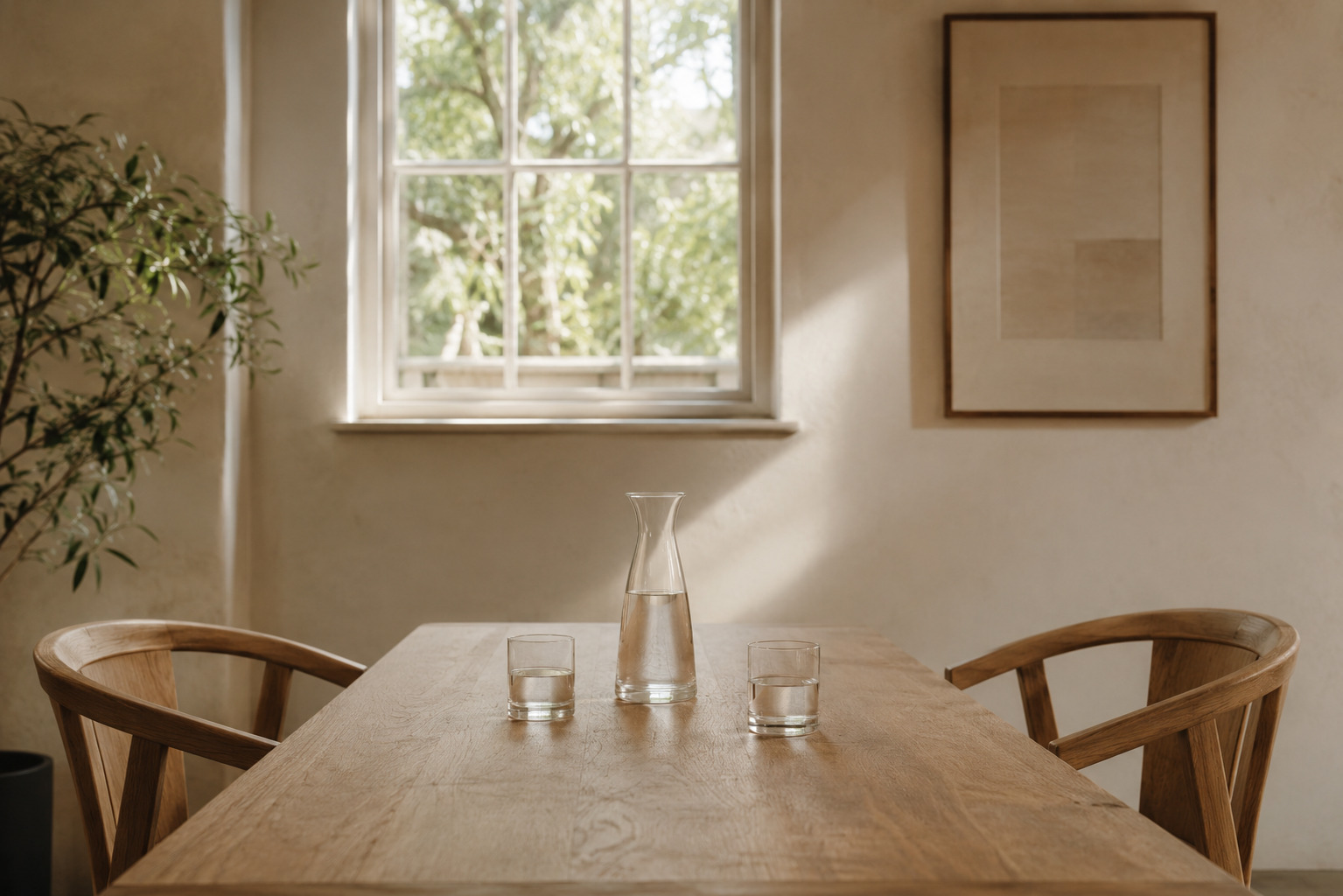 Two empty chairs facing each other across a wooden table