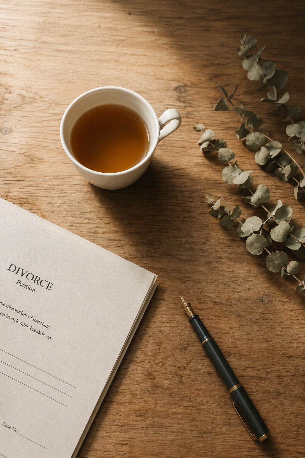 Overhead view of a teacup, fountain pen and folded document