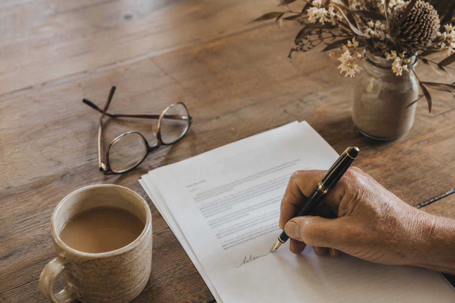 A weathered Australian hand signing a paper document at a kitchen table