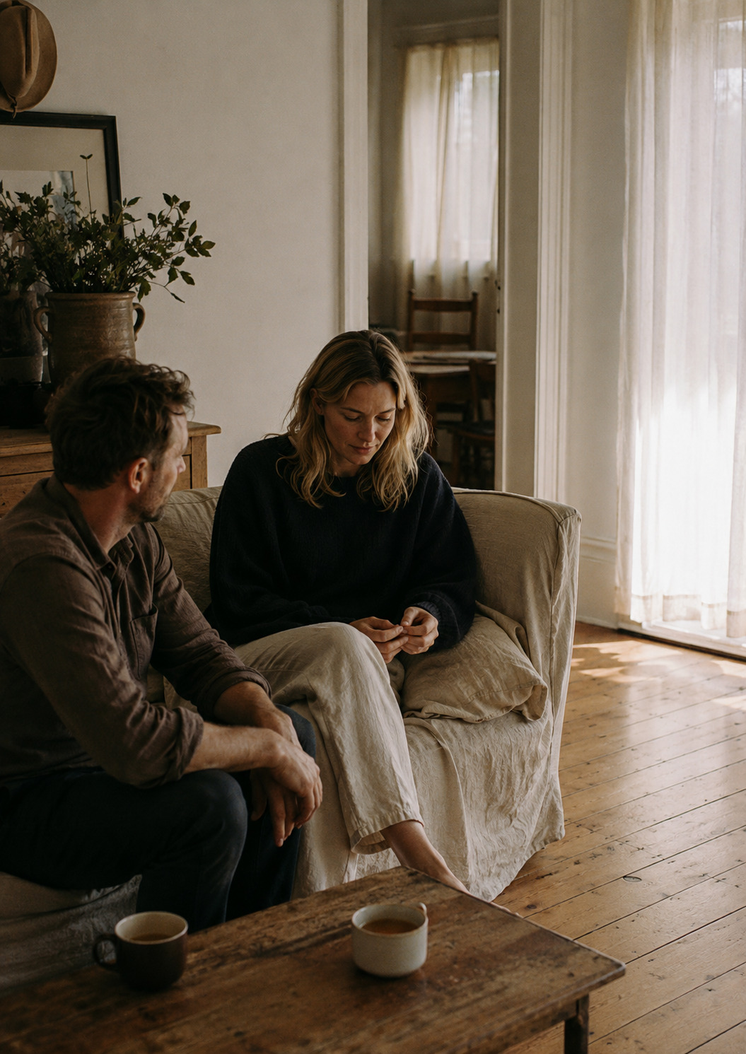Two adults sitting together in conversation