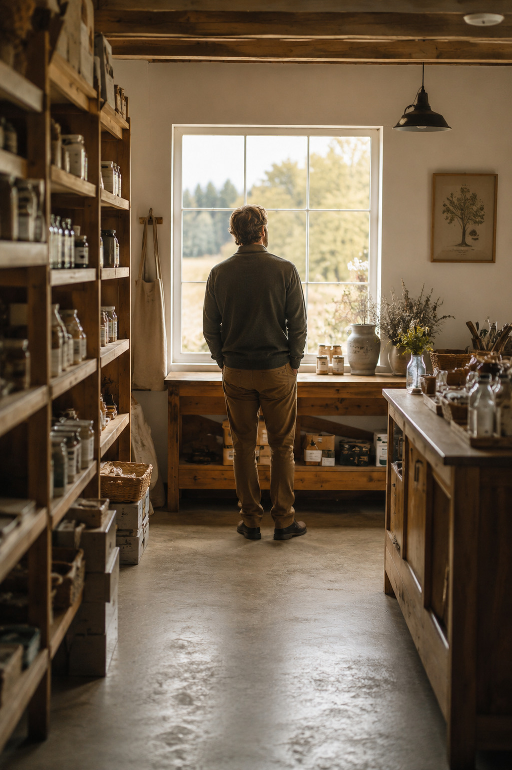A small-business owner viewed from behind, looking out a shop window