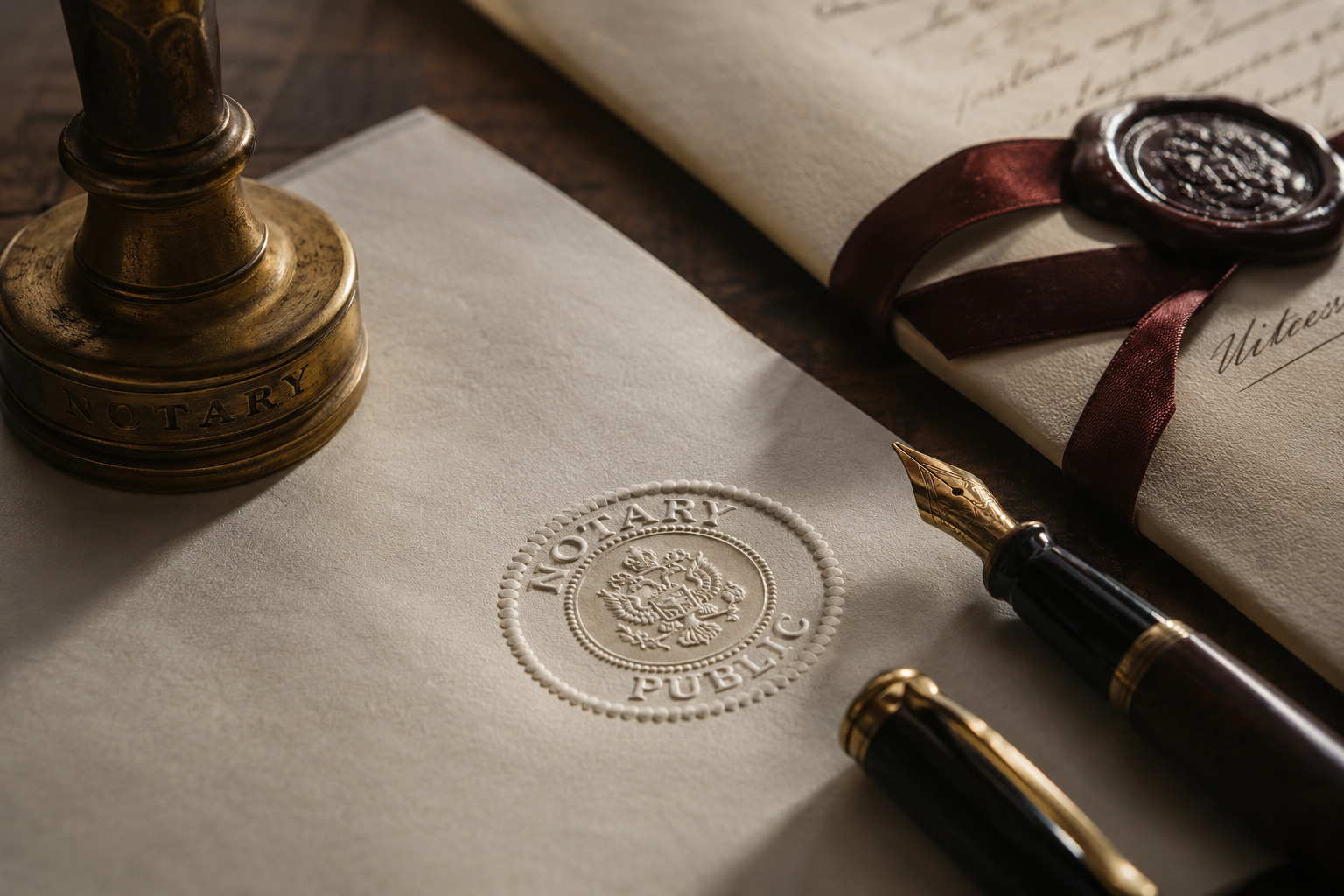 A notary's brass embossed seal pressed into cream paper
