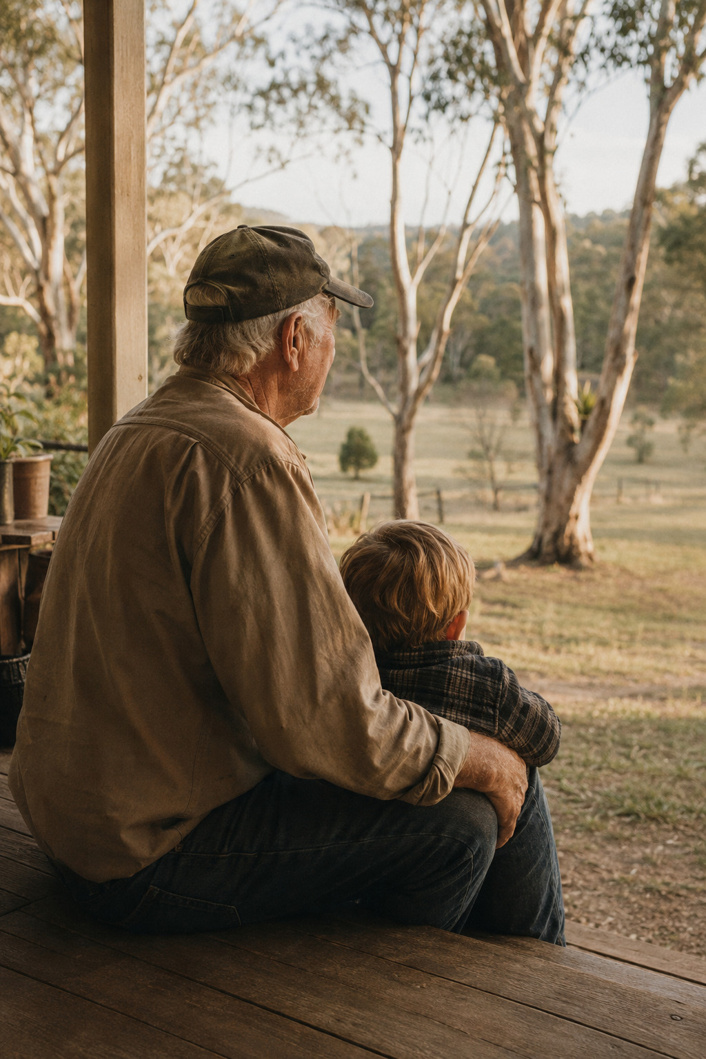 A grandfather and grandchild on a back verandah
