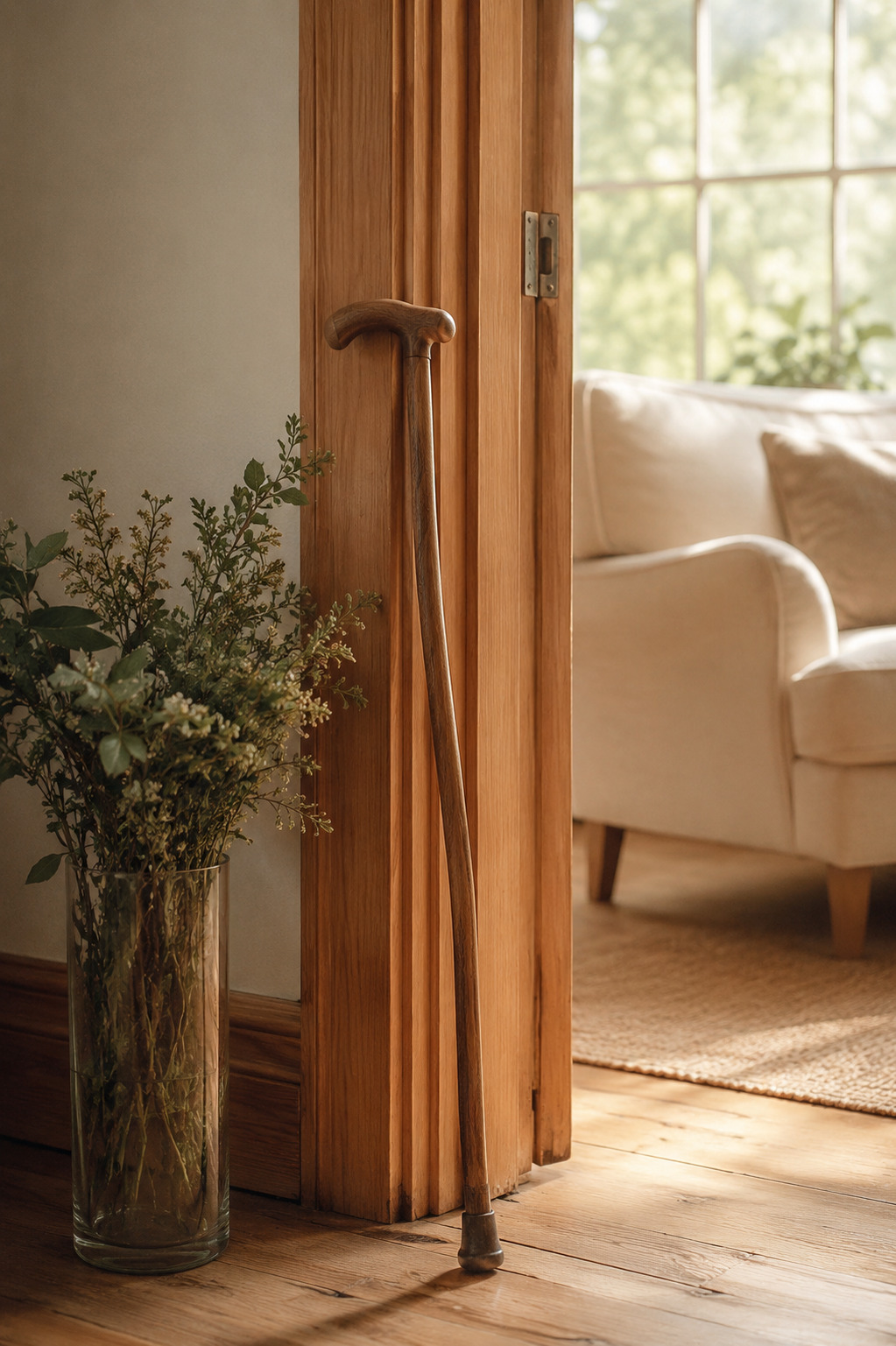 A walking stick leaning against a sun-warmed timber doorway